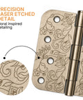 Top Shelf Floral Door Hinges 4 5/8 Inch Laser Etched Decorative Hardware For Interior Residential Doors showing detailed floral engraving.