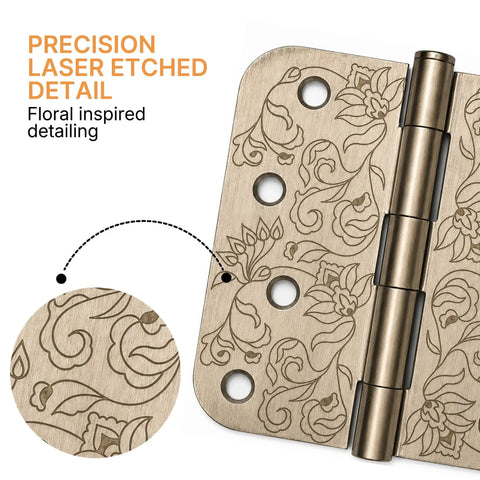 Top Shelf Floral Door Hinges 4 5/8 Inch Laser Etched Decorative Hardware For Interior Residential Doors showing detailed floral engraving.