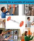 All In One Picture Hanging Tool With Level And Ruler For Effortless Wall Decor Alignment, used in various home scenarios, bright orange.