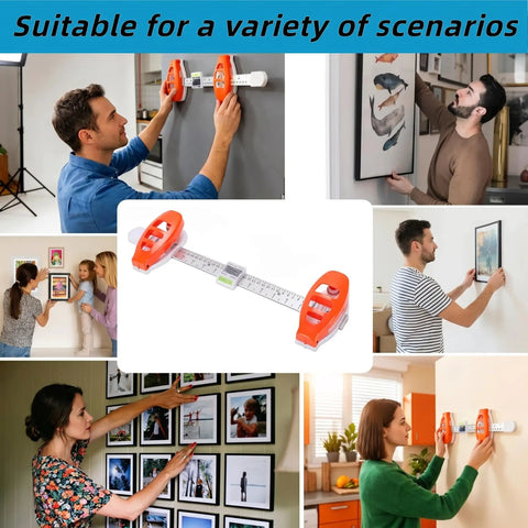 All In One Picture Hanging Tool With Level And Ruler For Effortless Wall Decor Alignment, used in various home scenarios, bright orange.
