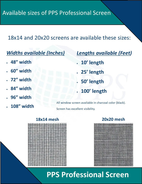 Available sizes of PPS Professional Screen including 18x14 and 20x20 mesh options in various lengths.
