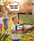 Happy family with Backyard Pop Up Soccer Goals Set of 2 for Kids, 4x3ft Training Nets With Soccer Ball in grassy field