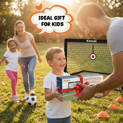Happy family with Backyard Pop Up Soccer Goals Set of 2 for Kids, 4x3ft Training Nets With Soccer Ball in grassy field