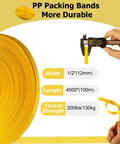 Heavy Duty Full Set Pallet Strapping Kit With Poly Strap Tensioner And Band Sealer Half By Four Thousand Inch Polypropylene Roll showing yellow strapping dimensions.