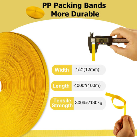 Heavy Duty Full Set Pallet Strapping Kit With Poly Strap Tensioner And Band Sealer Half By Four Thousand Inch Polypropylene Roll showing yellow strapping dimensions.