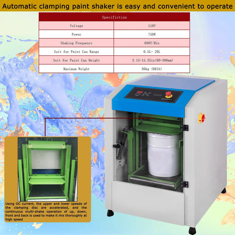 Heavy Duty Automatic Paint Shaker Mixer With No Sweat Auto Clamp And Hassle Free Timer For Quick Glue Paste Blending Up To 66 Pounds 110V Plug And Play Workshop Essentials displaying an automatic paint shaker with visible adjustable clamp and control panel.