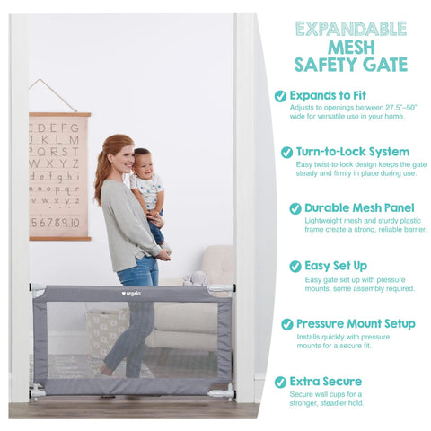 Extra Wide Mesh Baby Gate For Doorways And Hallways Expands From 27.5 To 50 Inches 28 Inches Tall Pressure Mounted For Toddlers And Pets Includes Rubber Bumpers Gray in use, blocking a doorway, shown with a parent and child for scale.