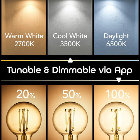Amber LED Smart Light Bulb Two Pack With WiFi Connectivity showing tunable colors and dimmable settings from 20% to 100%.