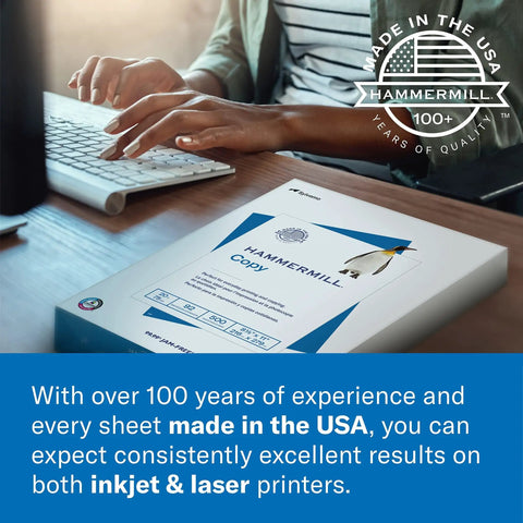 Goldenrod Colored Printer Paper 20Lb 8.5 By 11 Ream Of 500 Sheets Made In The USA Pastel Paper For Office And School Use Ideal For Clear Vivid Printouts And Presentations not visible. Image shows Hammermill product information with focus on 'Made in the USA' and printer type.