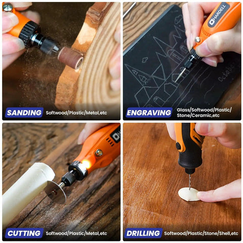 Kickass 618 Piece Rotary Tool Accessories Kit For Sand Polish Engrave And Cut Jobs with sanding, engraving, cutting, and drilling actions.