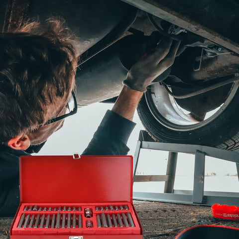 Heavy Duty Hexagon Wrench Set With Ratchet Socket Combo Featuring Spline And Star Bits Solid Metric Driver Kit being used for auto repair underneath a car.