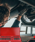 Pro Gear 40 Piece Hex Wrench And Spline Socket Bit Tool Kit used during car repairs, showcasing tools under a vehicle.