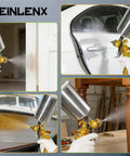 Heavy Duty Polished Aluminum Gravity Feed Spray Gun Paint Cup With One Thousand Milliliter Reservoir and No Sweat M16 Thread in use on various surfaces.