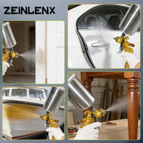 Heavy Duty Polished Aluminum Gravity Feed Spray Gun Paint Cup With One Thousand Milliliter Reservoir and No Sweat M16 Thread in use on various surfaces.