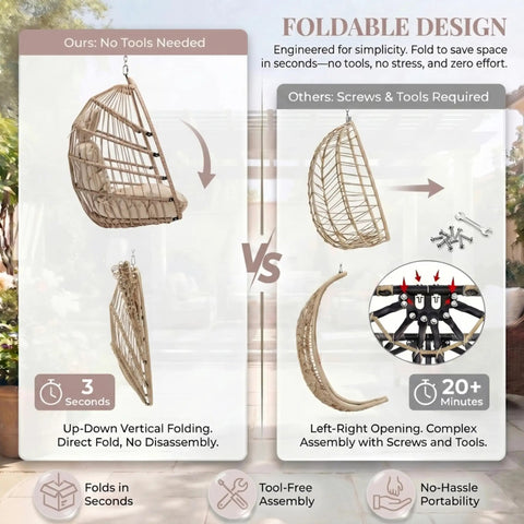 Comparison of foldable design features for Hanging Egg Chair With Stand For Patio And Garden, Boho Wicker Swing Seat.