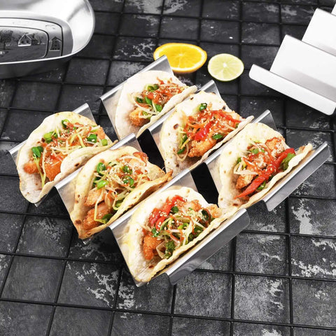 Stainless Steel Taco Holders 4 Pack, Durable Taco Stand Rack Tray Style, Oven Safe for Baking, with street tacos and toppings.