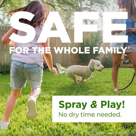 Children and dog playing in yard after using Flea Tick And Mosquito Yard Spray With Natural Essential Oils For Pets And Family And Kids Safe
