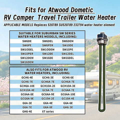 Heavy Duty Rv Water Heater Element Knockout Replacement Heating Rod for Atwood Dometic models, shown with compatible models listing.