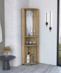 Totally Slick Corner Bar Cabinet With Heavy Duty Wine Rack And Center Mirror And Sweet Macadamia Wood Finish Triple Tier Storage 74 Inch Tall Double Door Display Unit in corner display with glasses and bottles.