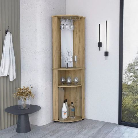 Sick Corner Bar Cabinet For Home Kickbacks 74 Inches Tall Drink Console Storage Rack Featuring Double Glass Doors Center Mirror Wine Glass Holder Crafted In Warm Macadamia Finish in corner with drinks.