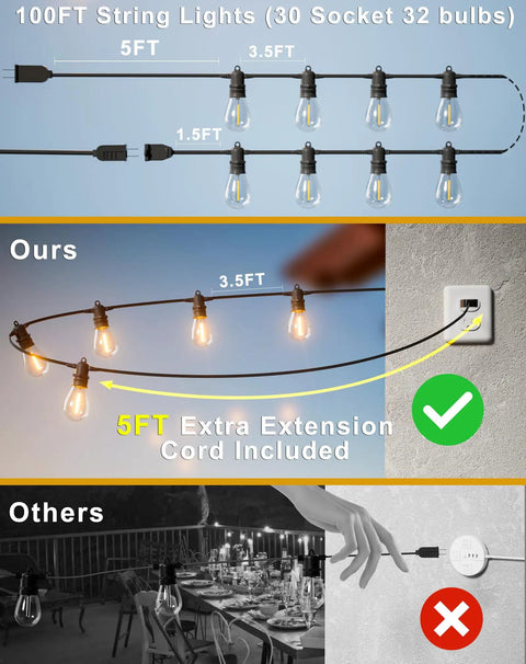 100 Ft LED Outdoor String Lights With 30 Shatterproof Edison Style Bulbs IP65 Waterproof, showing cord configurations