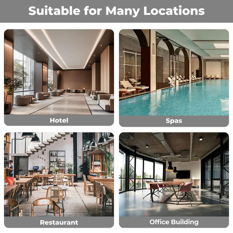 Image collage of suitable locations for Toilet Seat Elongated Quiet-Close for Farmhouse Use: hotel, spa, restaurant, office.