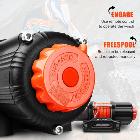 Close-up of 4500 Lb Electric Winch With Wireless Remote, IP67 Waterproof, Synthetic Rope, highlighting engage and freespool dial.