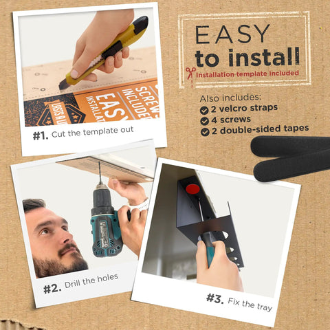 Instructions for installing Under Desk Cable Management Tray No Drill For Glass Desks Heavy Duty Carbon Steel 17 Inch