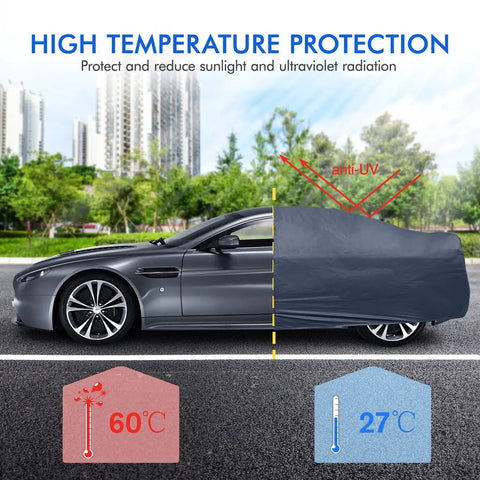 All Weather Waterproof 6 Layer Exterior Cover For Sedans And SUVs With Zipper Mirror Pocket UV Sun Snow Protection Durable Cotton Trim Red Or Blue Fits 190-195 Inch Includes Portable Storage Bag, shown partially covering a car.