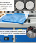 Heavy Duty Industrial Dust Collector Workbench With Side Suction Floor, features durable blue filter and control panel for cleaning.