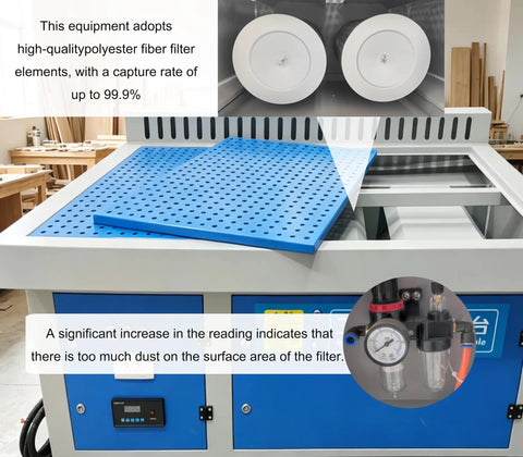 Heavy Duty Industrial Dust Collector Workbench With Side Suction Floor, features durable blue filter and control panel for cleaning.