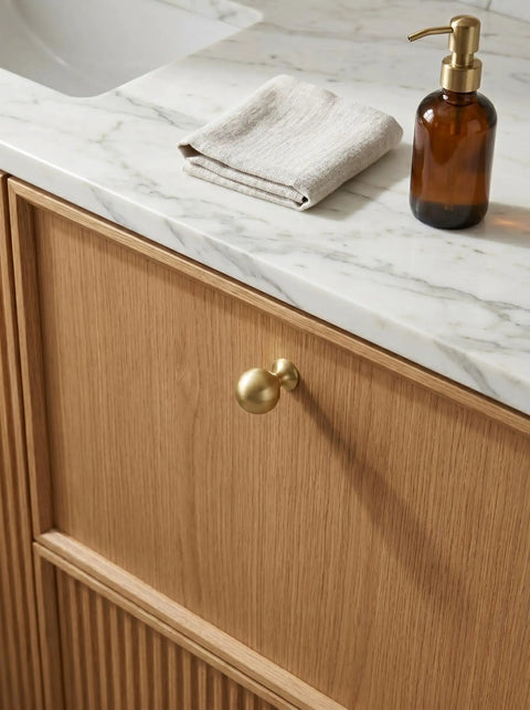 Top Shelf Brushed Gold Cabinet Knobs Six Pack For Modern Kitchen Drawers And Dressers Crafted From Solid Zinc Alloy Ridge Tough Construction Quick Install Mounting on wooden vanity.