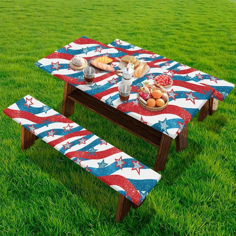 US 250 Years Picnic Table Cover With Bench Covers Waterproof Fitted Edges And Elastic Edges For Rectangle Tables, red white blue stars design