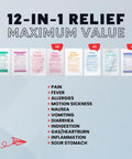 Roamwell Essential Travel Medicine Kit front view with 12-in-1 relief packets and symptom list.