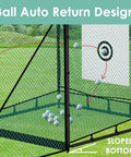 Golf Driving Cage With Ball Return System 10x10x10ft Heavy Duty Steel Frame Practice Net showing target and sloped ball return.