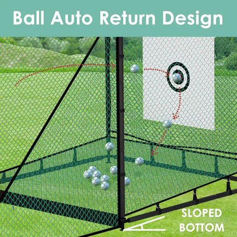 Golf Driving Cage With Ball Return System 10x10x10ft Heavy Duty Steel Frame Practice Net showing target and sloped ball return.