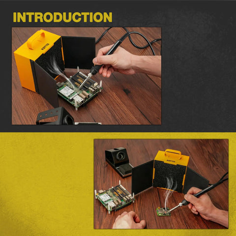 Dual Activated Carbon Filter Solder Fume Extractor With Slick Removable Magnetic Flaps And Steady Airflow Keeps Shop Smoke Way Off You Plug And Play Setup For Hardware Crews in use with a soldering iron.