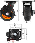 Hella Heavy Duty 5 Inch Caster Wheels Set of 4, Braked Swivel Casters close-up dimensions with rubber tires for carts