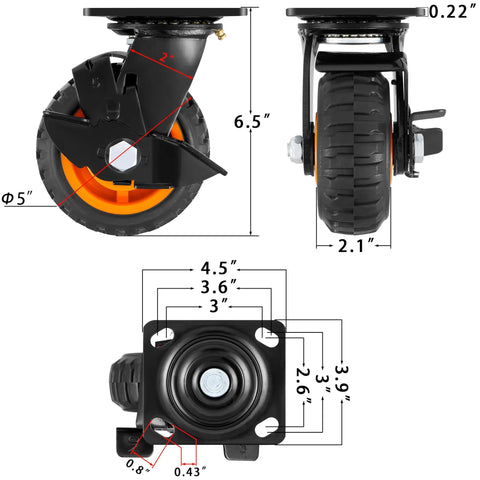 Hella Heavy Duty 5 Inch Caster Wheels Set of 4, Braked Swivel Casters close-up dimensions with rubber tires for carts