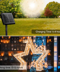 Top: Solar panel charging under sun in park; Bottom: Four Pack Solar Fairy Lights Outdoor 33 Ft 100 LED on Christmas display.