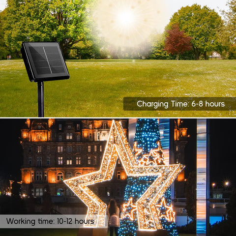 Top: Solar panel charging under sun in park; Bottom: Four Pack Solar Fairy Lights Outdoor 33 Ft 100 LED on Christmas display.