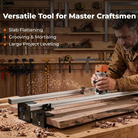 Craftsman using Heavy Duty Aluminum Router Sled For Slab Flattening 47 Inch 3 Axis Height Adjustable Wood Planing Jig
