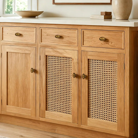 Wooden cabinet with woven panel doors featuring oval knobs. 10 Pack Oval Cabinet Knobs Matte Black Finish Zinc Alloy Durable Hardware.