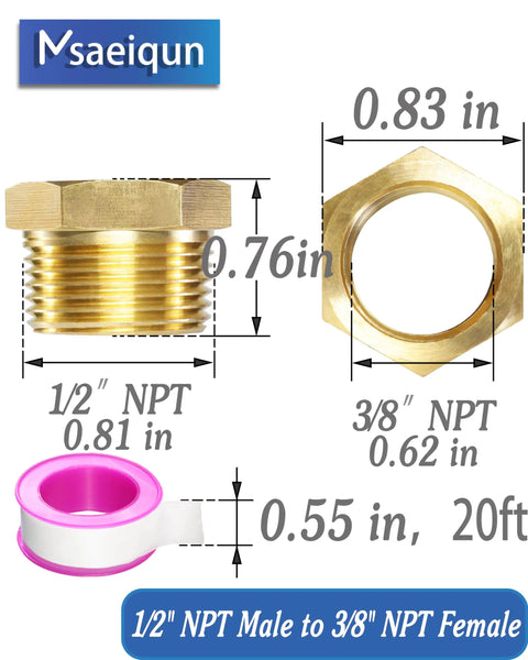 Brass Hex Bushing Reducer Pipe Fittings Set For DIYs And Pros Connects One Half NPT Male To Three Eighths NPT Female Adapters