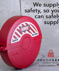 Red TradeSafe gate valve lockout kit for six and a half to ten inch valves, featuring danger label, OSHA compliant lockout gear.