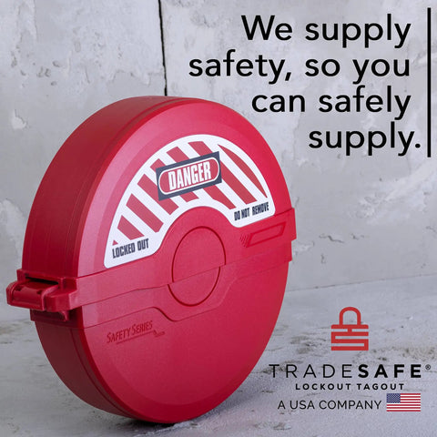 Red TradeSafe gate valve lockout kit for six and a half to ten inch valves, featuring danger label, OSHA compliant lockout gear.