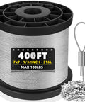 Heavy Duty Stainless Steel Wire Rope Kit 400 Ft Long 1/32 Inch Cable With 100 Aluminum Sleeve Stops for String Lights Hanging