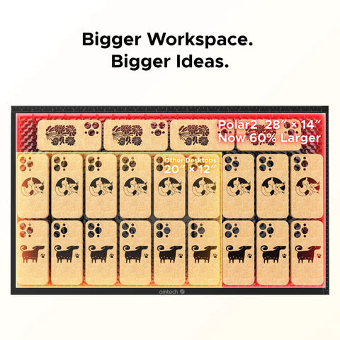 Top Tier 50W CO2 RF Laser Engraver And Cutter For Desktop Use With Lightburn Support Hella Fine Detail Engraving showing laser engraved wood designs on larger workspace.