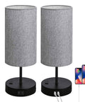 Dual USB Charging Ports And AC Outlet Nightstand Lamps Set Of 2 Touch Control 3 Way Dimmable Bedside Lamps With ST64 E26 LED Bulbs Included Grey Fabric Cylinder Shade Great For Bedroom Or Living Room in grey with phones