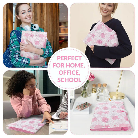 Floral 5 Pocket Accordion File Organizer For Bills Receipts And Documents with people using it at home, office, and school.